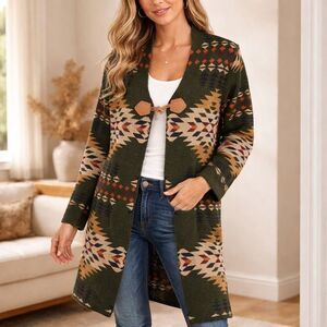 Keren Hart Boho Western Aztec Toggle Cardigan Sweater Olive Longline Women M